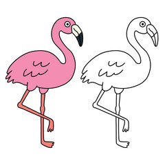 Doodle flamingo coloring pages for kids. Trace and color flamingo. Animal worksheets for kids activity printable. Cartoon flamingo clip art vector isolated on white background. © hanazumi