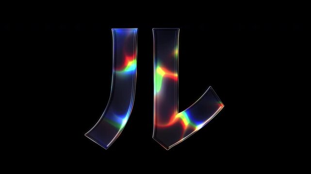 A Japanese Katakana "ル" with various colors of light sparkling on its glass-like surface with alpha channel. Seamless loop video.