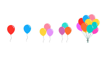 Obraz premium A colorful progression of balloon clusters, from single red and blue to a vibrant bouquet of many