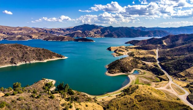 Aerial view of a turquoise lake nestled amidst rolling hills under a partly cloudy, bright blue sky