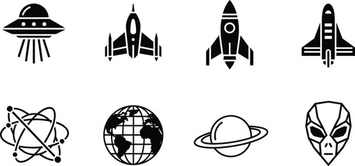Space Exploration Icons Set, UFO Spaceship Rocket Planet and Alien Silhouette Collection, Astronomy and Science Fiction Vector Symbols © ab