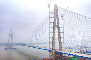 Obraz premium Yangtze River Bridge Construction Aerial View, Wuhan Qingshan