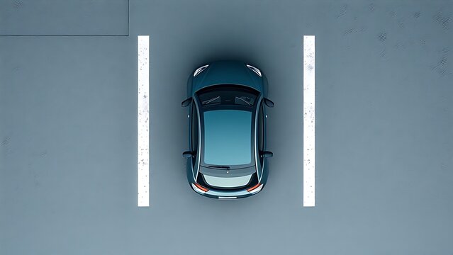 microcar. Top-down view of a microcar parked within minimal white parking lines on ground. mobility guides, transit brochures, designed for transport & logistics marketing, used by videographers.
