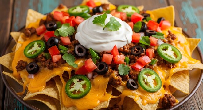A vibrant platter of nachos loaded with cheese, jalapenos, and toppings, served on a rustic wooden table, captured from a high angle, whisk_10kdfj_via_RJ_Whisk_Auto.jpg