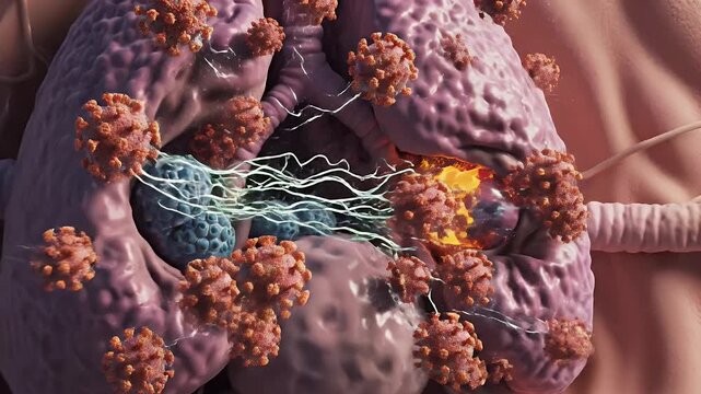 Microscopic View of Coronavirus Particles Attacking Human Lung Alveoli Cells Demonstrating ACE2 Receptor Binding and Viral Replication Process in a