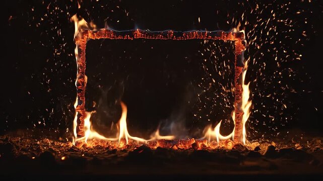 Burning Frame Border Fiery Embers Isolated Black Background Overlay Element