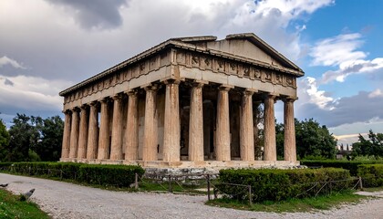 Fototapeta premium Ancient temple structure with tall pillars stands against a backdrop of trees and a cloudy sky