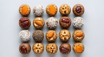 Assorted energy balls with various ingredients like nuts and dried fruits arranged in a grid pattern on a clean surface viewed from directly above