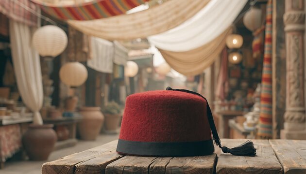 Vibrant Red Fez Hat in Moroccan Souk
