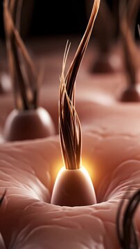 Microscopic View of Hair Follicle Growth and Skin Surface Detail with Warm Illumination and Shallow Depth of Field