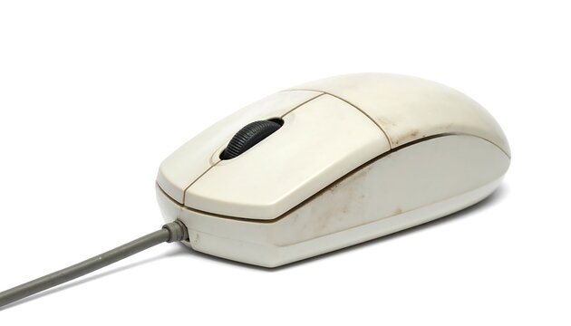 An aged, off-white computer mouse with a gray cable, isolated against a clean white background with dirt marks