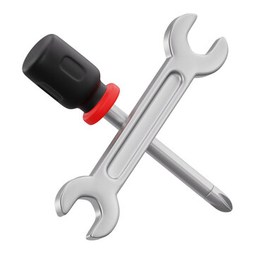 3D render of crossed wrench and screwdriver repair tools icon