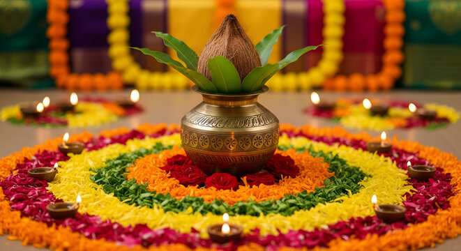 Cheti Chand Sacred Pot Arrangement with Mango Leaves Coconut and Flower Petals. 