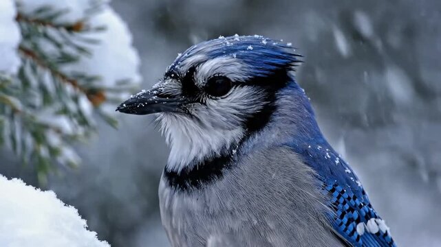 A vibrant blue jay stands still on a snow-laden pine limb surrounded by cold winter air. Gentle snowfall and soft lighting highlight intricate feather patterns and serene wildlife mood