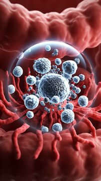 Microscopic view of human cancer cells proliferating within a biological environment showcasing cellular division and growth against a dark red