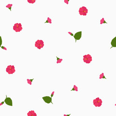Pink hibiscus flower seamless pattern with buds and leaves, scattered tropical floral background isolated on white, flat vector illustration. © IrinaUljankina