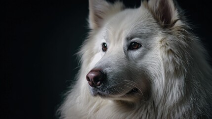 Fototapeta premium Close up portrait of a white samoyed dog highlighting detailed fur and expressive features