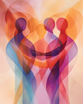 Vertical abstract illustration of diverse people united in harmony, vibrant social support and teamwork concept for community, inclusion and mental health awareness.