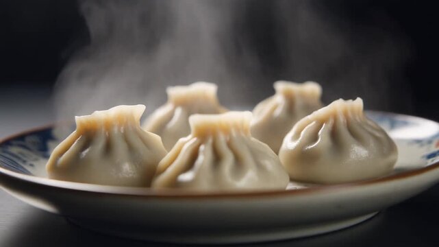 Steaming hot dim sum dumplings served on a ceramic plate