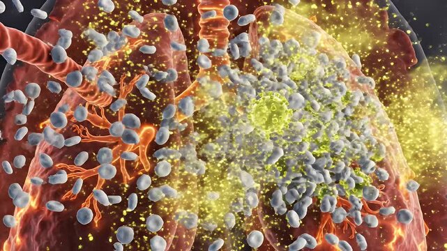 Microscopic View of Lung Alveoli Undergoing Immune Response With White Blood Cells Attacking Pathogens