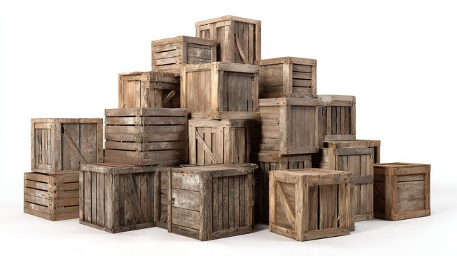 A pile of old wooden crates on a white background.