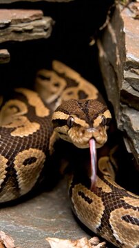 A beautiful ball python snake emerges from a dark y crevice, its patterned