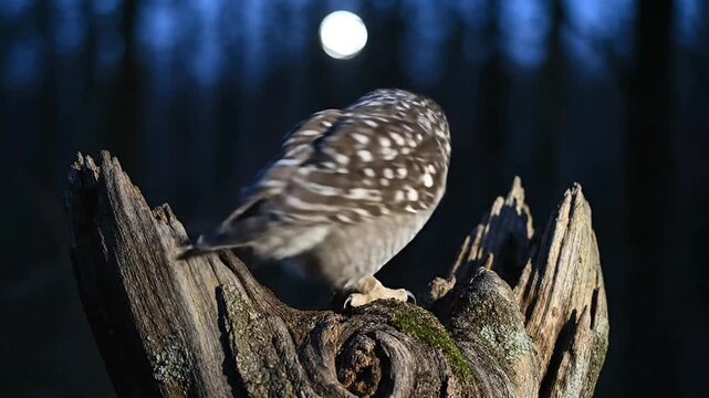 A small scops owl perches on an ancient tree knot at twilight, blinking slowly. Soft moonlight outlines its form while the dark forest background enhances its mysterious nocturnal presence