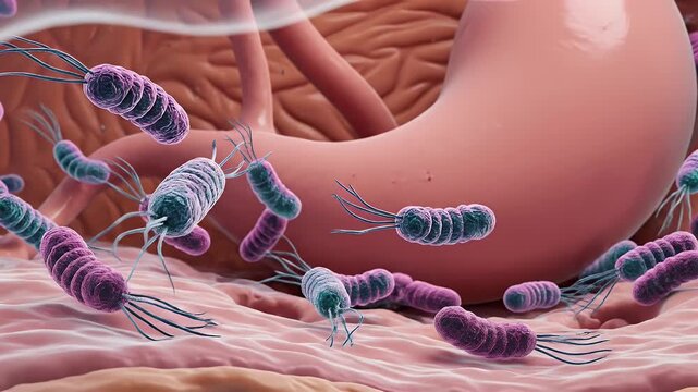 Microscopic View Of Pathogenic Bacteria Colonizing Human Gastric Mucosa With Flagella Motility In Digestive System Biology