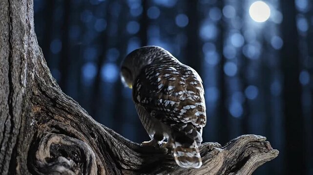 Close view of a scops owl resting in a gnarled tree knot during nightfall. Its slow head movement and glowing eyes create an atmospheric wildlife scene with strong nocturnal mood