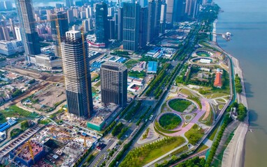 Wuhan Riverfront Headquarters District Aerial View with High-Speed Rail © TranPhuoc