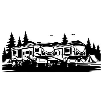 Campground 5th Wheel RVs Black Silhouette Scene
