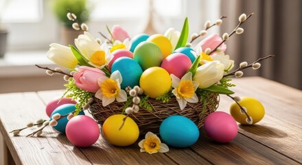 A colorful Easter egg basket with flowers and eggs on a wooden table.