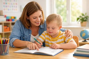 Mother Helping Son Homework Home Education Concept