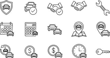 Car services line icons set, automotive industry symbols. Includes car insurance, repair, finance, rental, sale, location, and key. Vector illustration. © pixraw