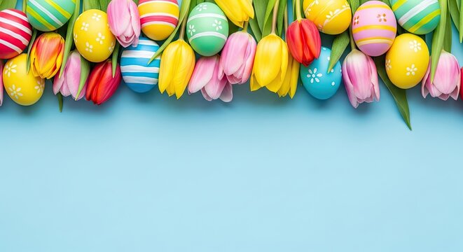 A colorful Easter egg border with tulips on a blue background.