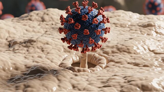 Microscopic view of virus budding from textured host cell surface. Dark navy particle with red spikes illustrates viral replication and infection process clearly