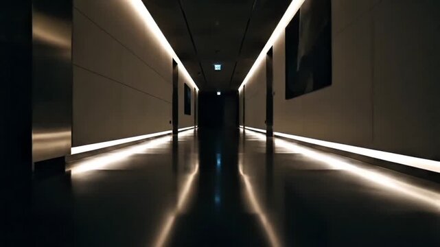 Modern dark corridor with ambient lighting and reflective floor in an empty building