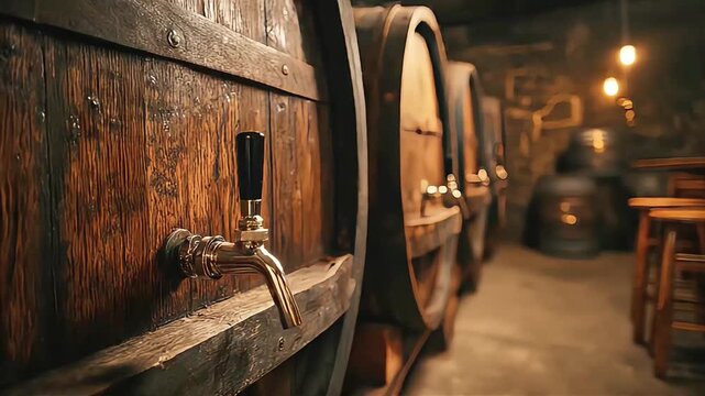 A warm, inviting cellar with rows of aged wine barrels, perfect for a cozy tasting experience.