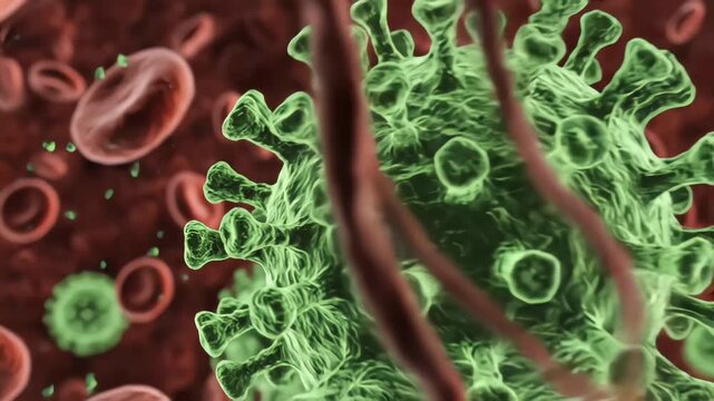 Close microscopic view of virus particles suspended between blood cells. Organic fibers and strong contrast enhance biological and healthcare visualization usage