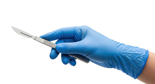 A hand wearing a blue glove holding a scalpel png transparent
