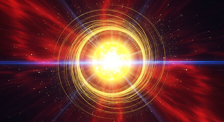 Fototapeta premium radiant energy core with swirling lines and red light trails emitting particles in cosmic space symbolizing data flow network technology and innovation.