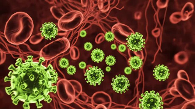 Cluster of virus particles floating among red blood cells and tissue fibers. Lime green viruses contrast with dark crimson environment for strong infection concept visuals