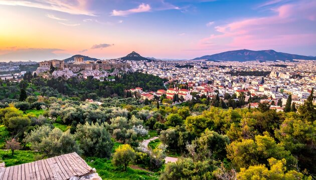 Aerial view of a city with ancient ruins, vibrant green trees, and rolling hills under a colorful sunset sky