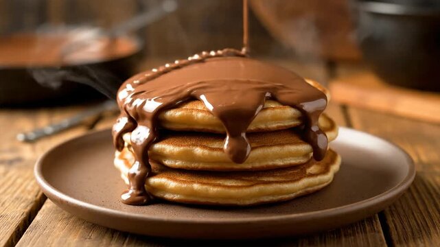 Delicious stack of fluffy pancakes being drizzled with rich, creamy chocolate sauce on a rustic wooden table, perfect for breakfast or dessert