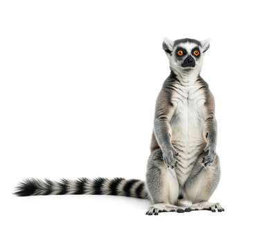 A ring-tailed lemur standing upright with its arms crossed, facing forward, with a png transparent