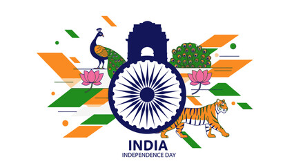 Obraz premium Graphic illustration of India's Independence Day logo with peacock, tiger, wheel, and floral elements on a white background with orange, green, and blue colors.