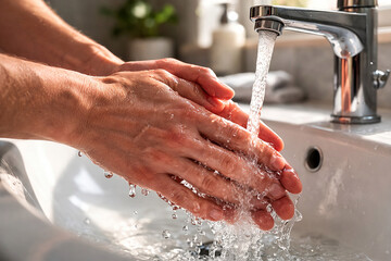Fototapeta premium washing hands with soap Close Up of Hands Washing Under Running Water, Natural Hygiene Concept 