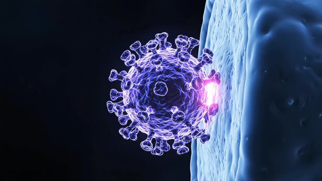 Virus particle approaches human host cell membrane with glowing spikes. High contrast microscopic scene illustrates viral attachment and infection mechanism clearly
