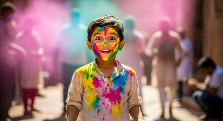 Obraz premium Happy Indian Boy At Holi Festival With Colorful Powder