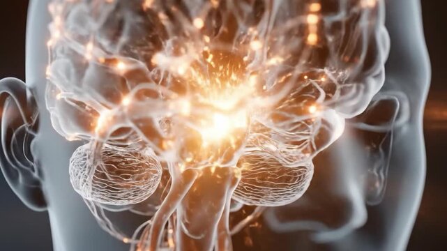 A profile of a translucent human head showing a detailed, glowing amber neural network. The brain and spinal cord are illuminated with light points representing neural activity.